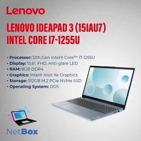 Lenovo IdeaPad 3 (15IAU7) - Intel Core i7, 15.6-Inch FHD, 8GB RAM, 512GB SSD